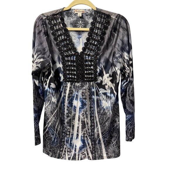 World Unity Womens Sz Large Black & Blue Beaded V-Neck Long Sleeve Tunic Top - Picture 1 of 12